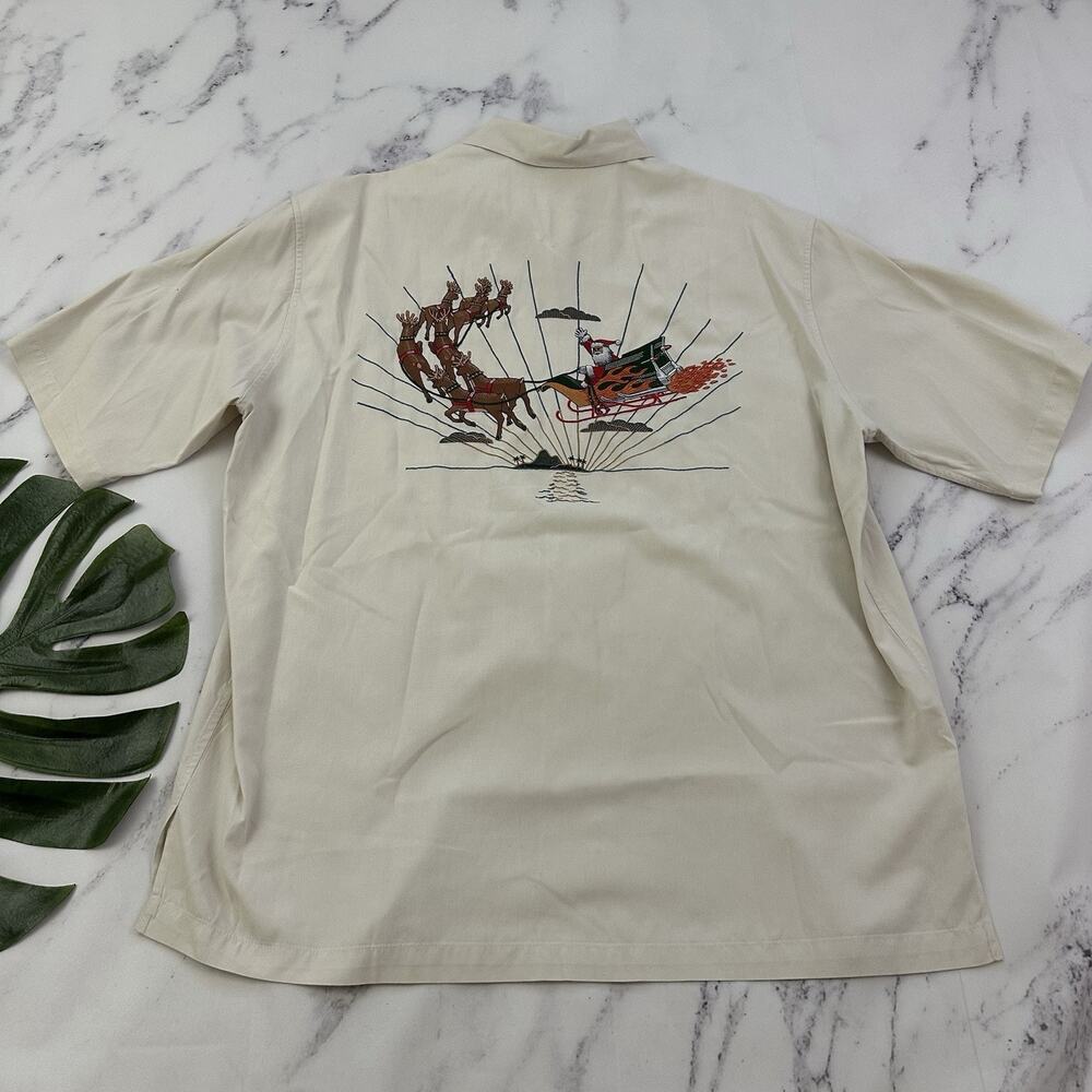 Tori Richard Mens Christmas Hawaiian Shirt Sz L Cream Santa Hot Rod Sleigh Silk